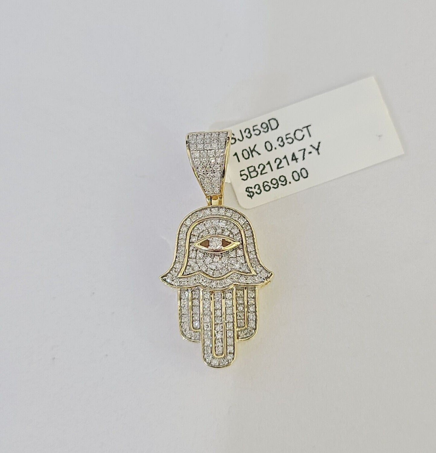 Real 10k Yellow Gold Diamond Charm Hamsa Hand Pendant& Cuban Link Chain Neckalce