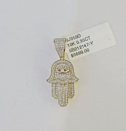 Real 10k Yellow Gold Diamond Charm Hamsa Hand Pendant& Cuban Link Chain Neckalce