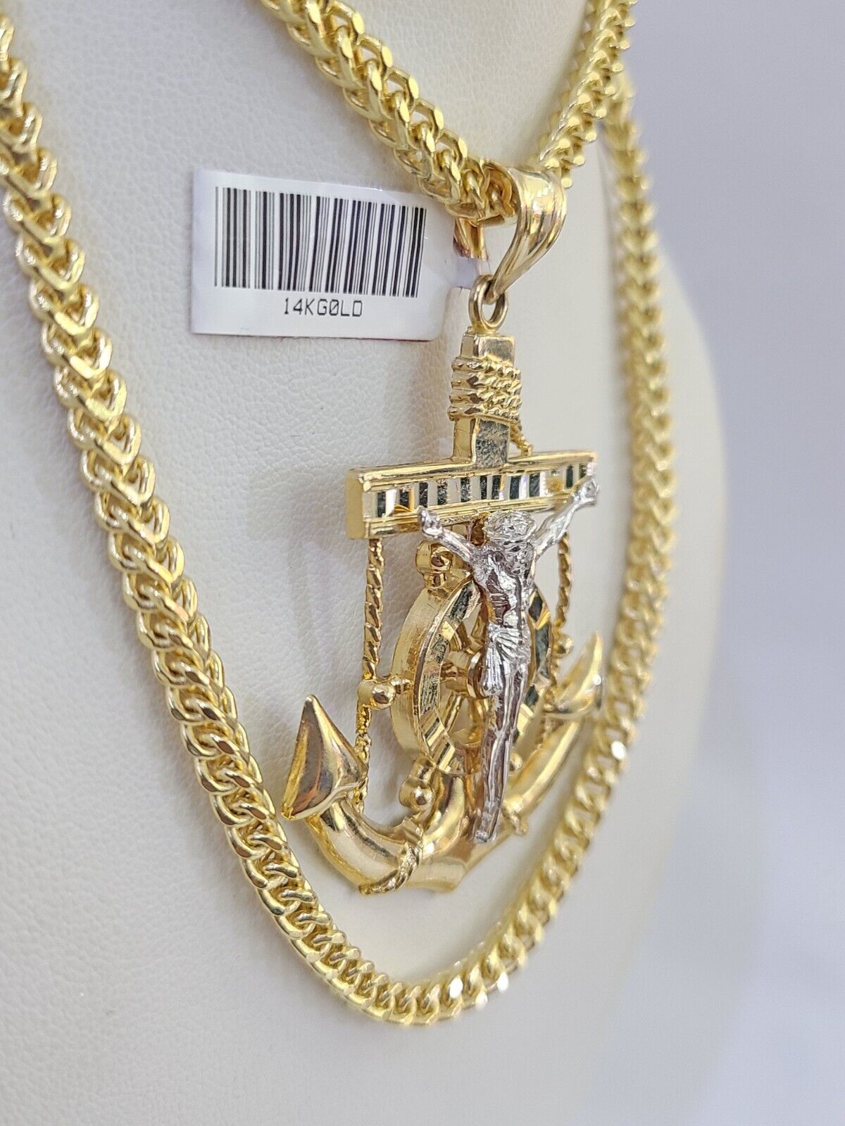 14K Franco Chain Jesus Anchor Pendant Charm Necklace 20"-26" 4mm Gold