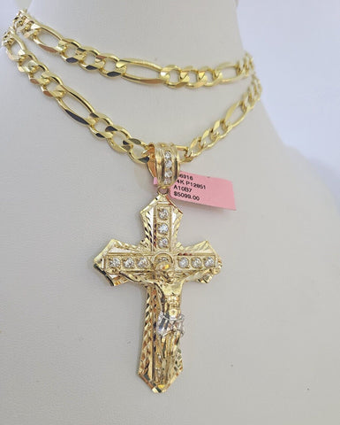 14k Figaro Chain Jesus Cross Charm Pendant Gold 7mm 20-30 inch SET Necklace