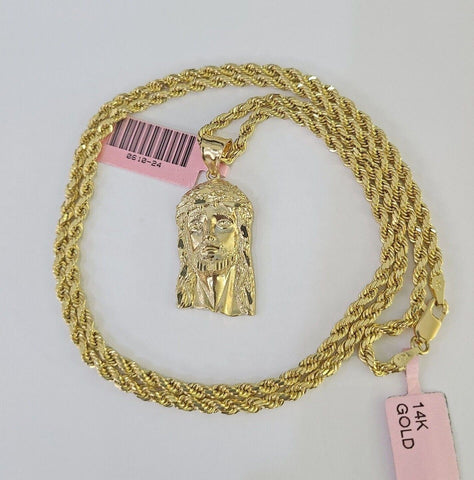 Real 14k Rope Chain Jesus Head Charm Set Yellow Gold 4mm 18-30" Necklace Pendant