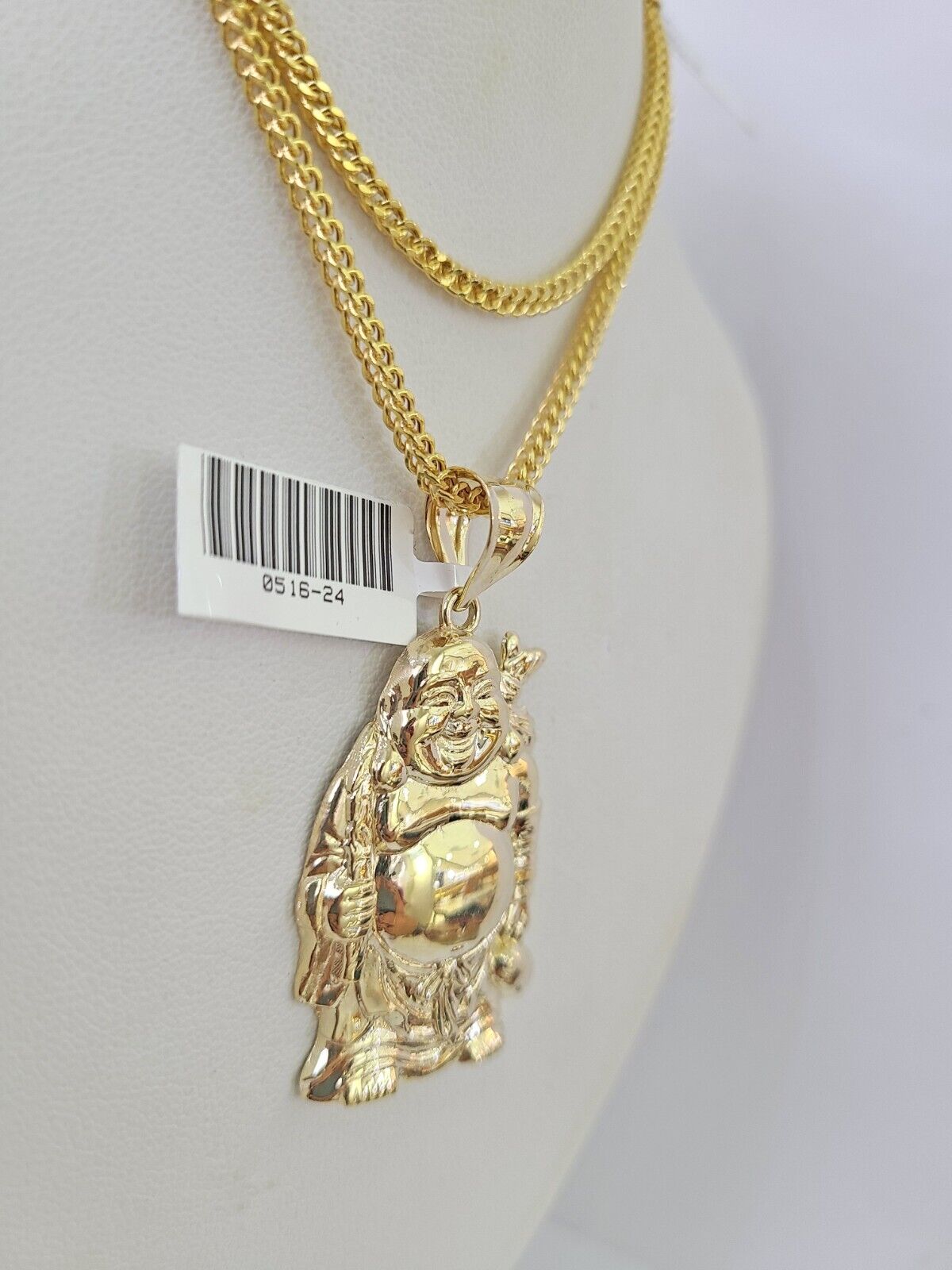 10K Gold Franco Chain Laughing Buddha Charm Pendant 20-26 inches 2.5mm Yellow