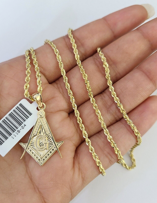 10k Solid Rope Chain 2mm Masonic Pendant Charm Necklace SET 18-22" Ladies Yellow