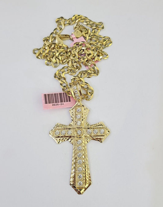 14k Gold Chain Jesus Cross Charm Solid Cuban Curb 5mm 20"-26" Inch SET Necklace