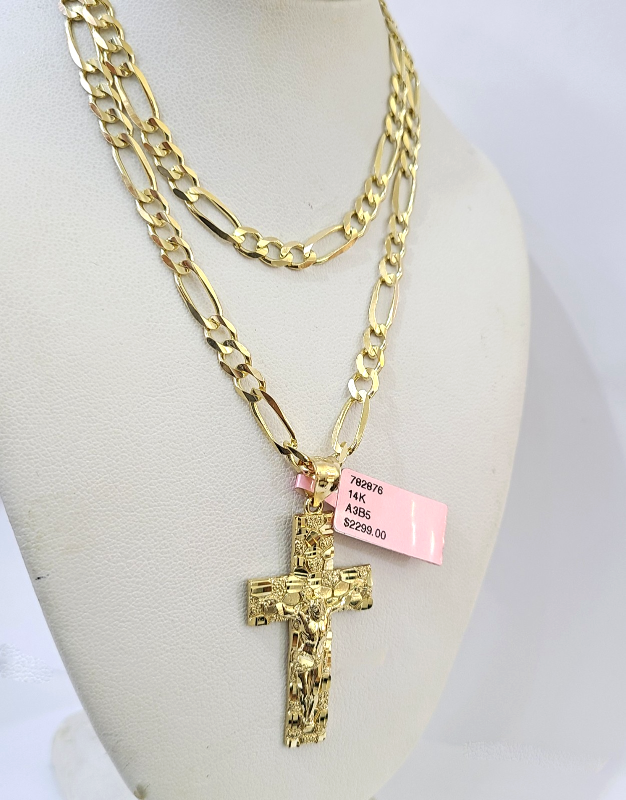 14k Solid Figaro Chain Nugget Jesus Cross Pendant Gold 4mm 18"-28" SET Necklace