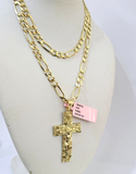 14k Solid Figaro Chain Nugget Jesus Cross Pendant Gold 4mm 18"-28" SET Necklace