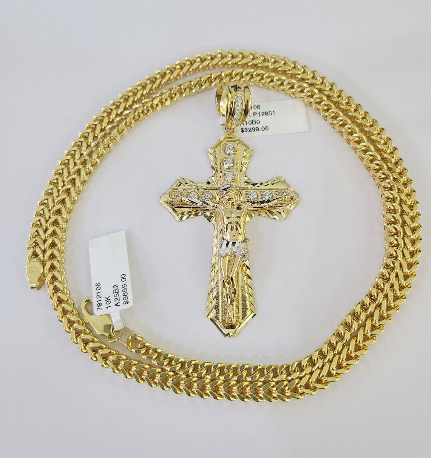 10K Franco Chain Jesus Cross Pendant Charm Necklace 20"-26" 5mm Gold Yellow SET