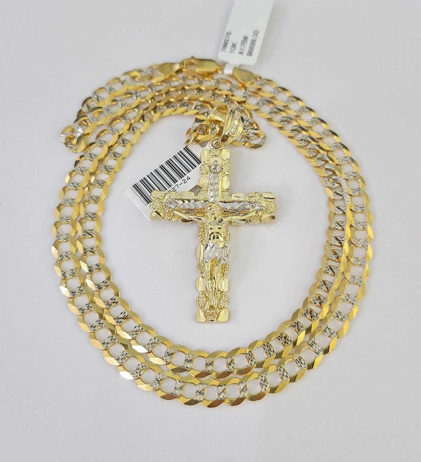 10k Solid Gold Cuban Curb Chain Jesus Cross Pendant 6mm 20"-30" SET Necklace