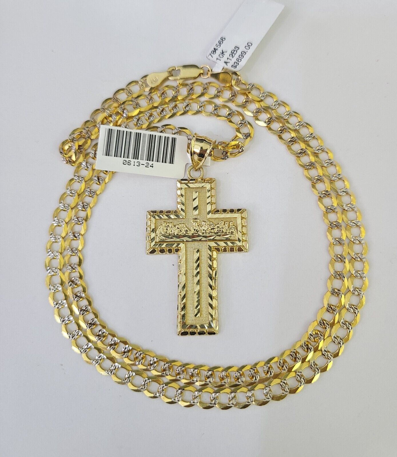 10k Gold Chain Last Supper Cross Charm Solid Cuban Curb 5mm 18"-28" Inch SET