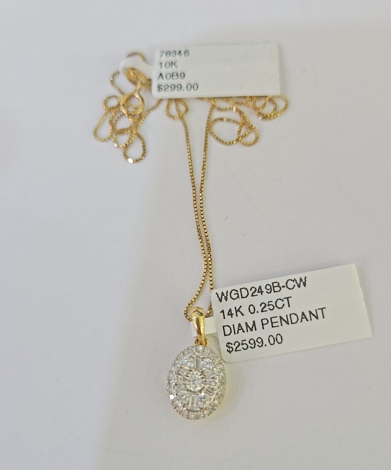 Real 14k Box Chain Diamond Pendant Yellow Gold Necklace Set Women