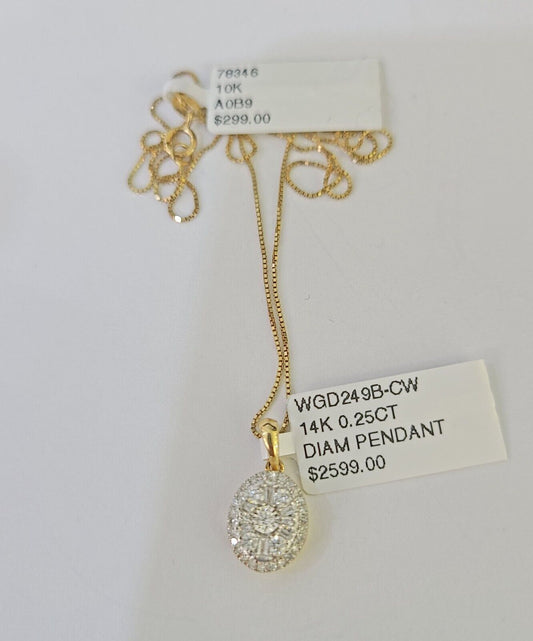 Real 14k Box Chain Diamond Pendant Yellow Gold Necklace Set Women