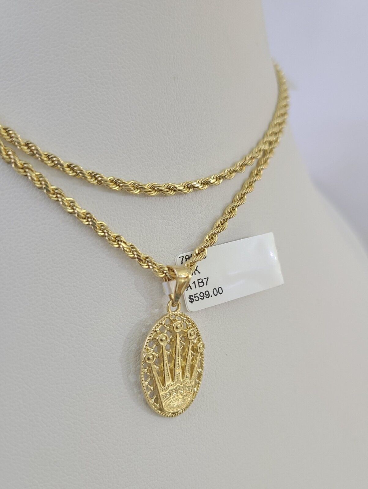 10k 2.5mm Rope Chain Crown Pendant 18"-30" Yellow Gold Set Charm Necklace