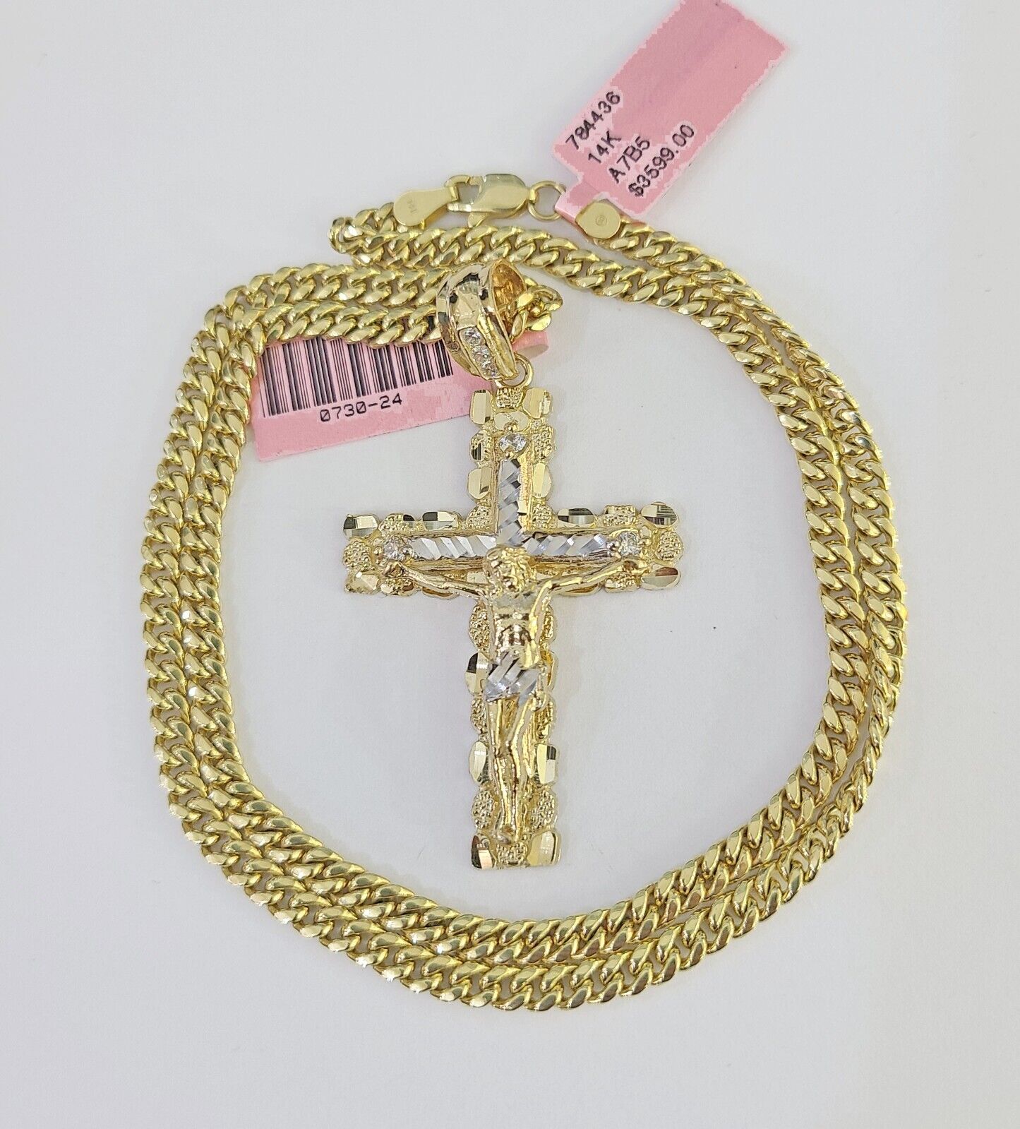 Real 14k Chain Cross Charm Set Miami Cuban Link 4mm Necklace Pendant Yellow Gold