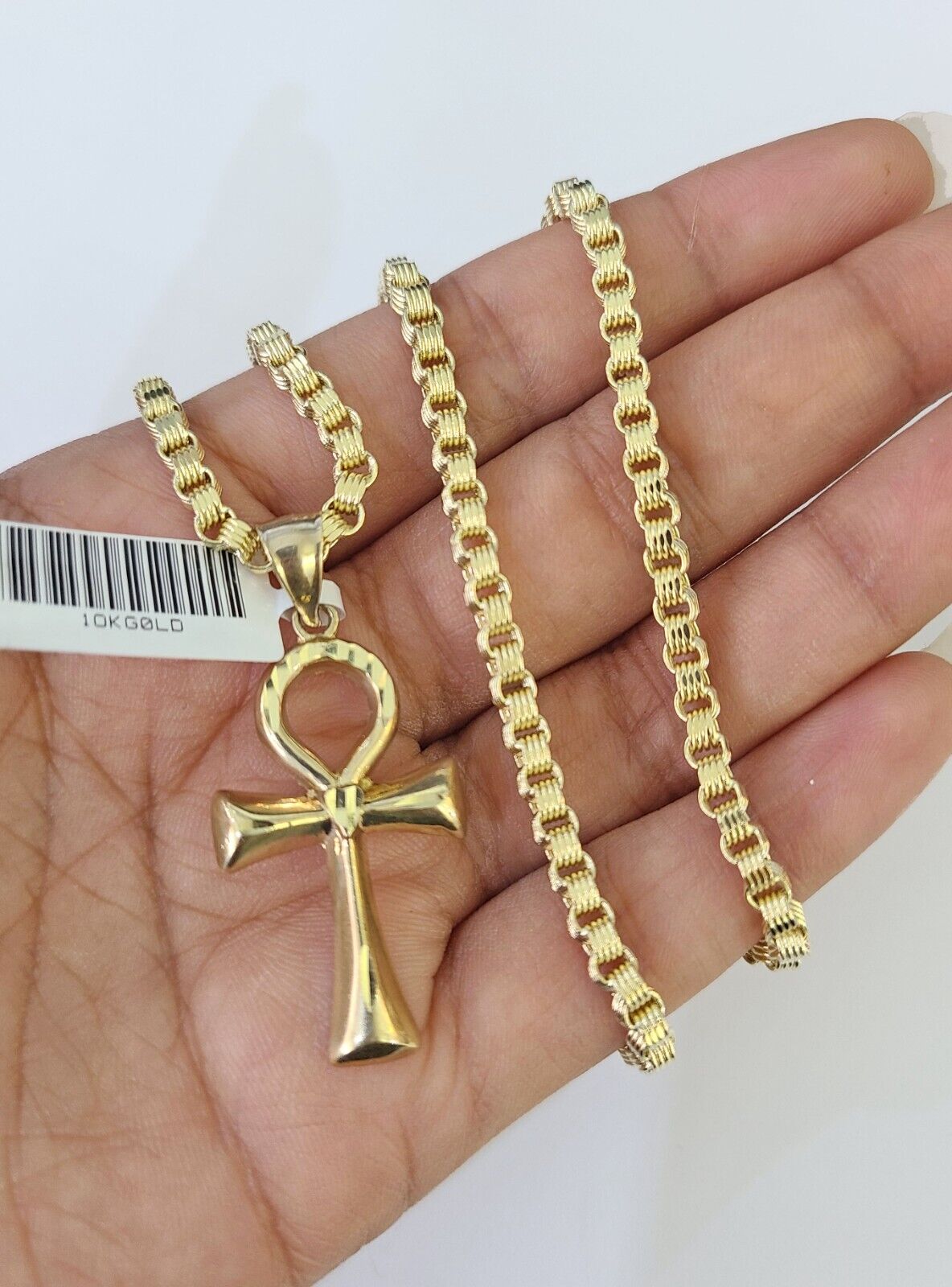 10k Gold Byzantine Necklace Jesus Ankh Cross Charm 18-28 inch 3mm SET Chain