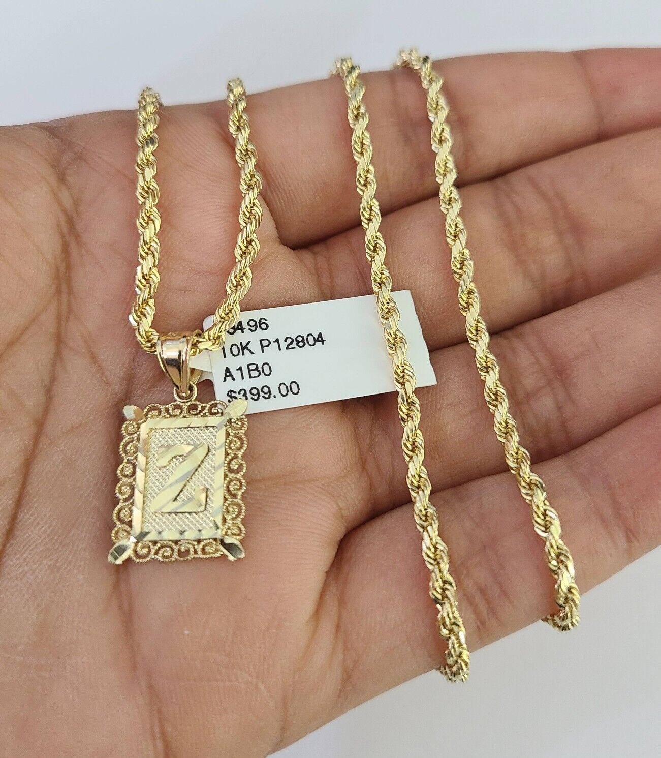 10k Gold Initial Z Charm Rope Chain 16"-26" 2.5mm SET Necklace Alphabet Pendant