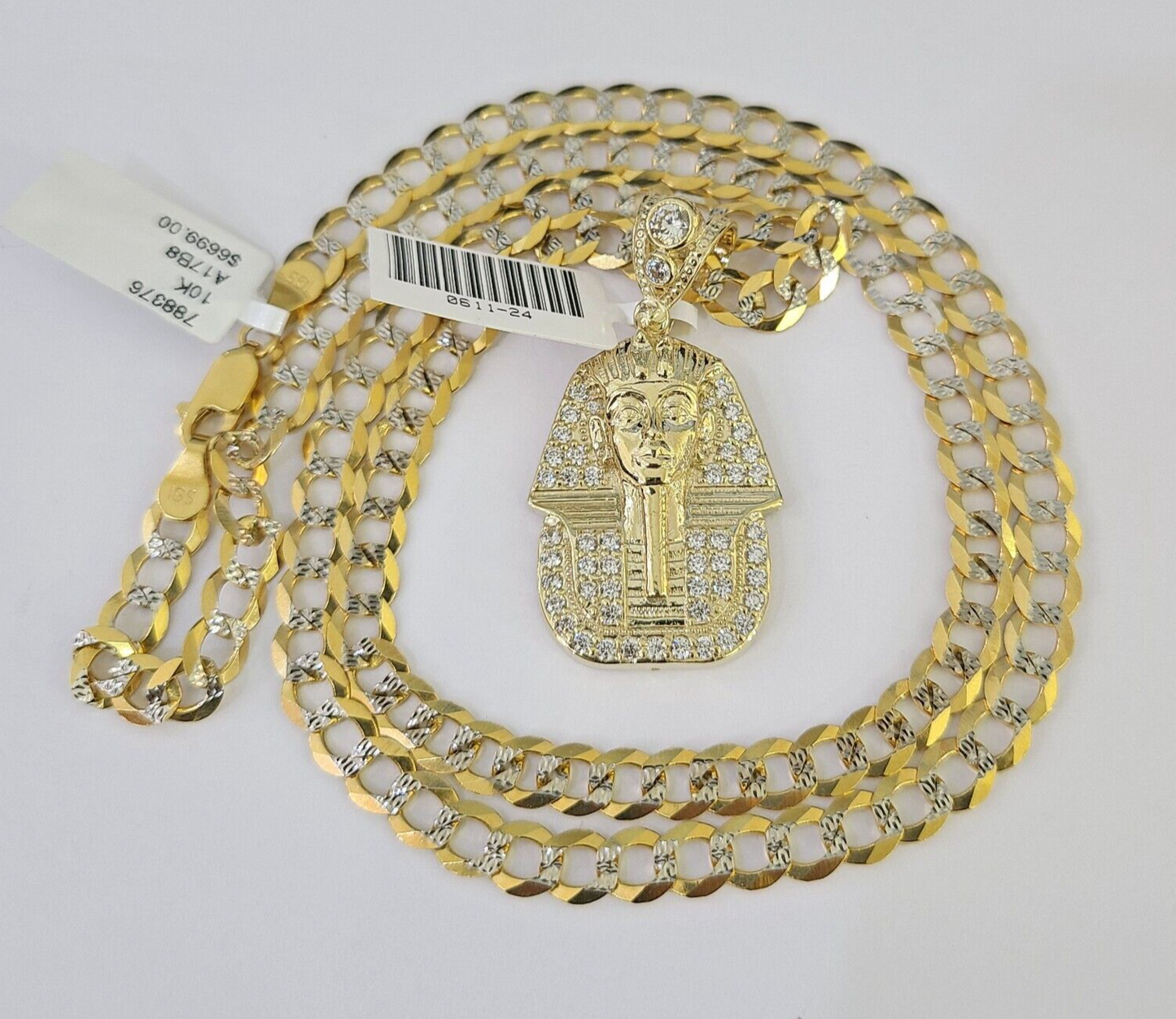 10k Solid Gold Cuban Curb Chain Pharaoh Pendant 6mm 20"-30" SET Necklace Charm