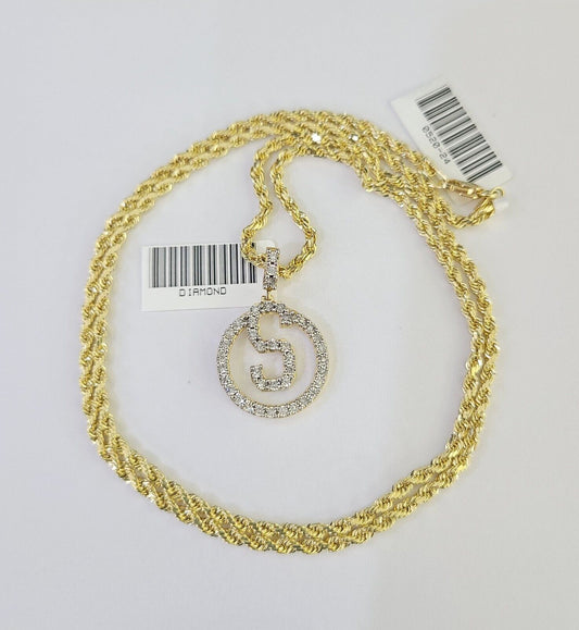 10k 2.5mm Rope Chain S Diamond Pendant Alphabet 18"-30" Gold Set Charm Necklace