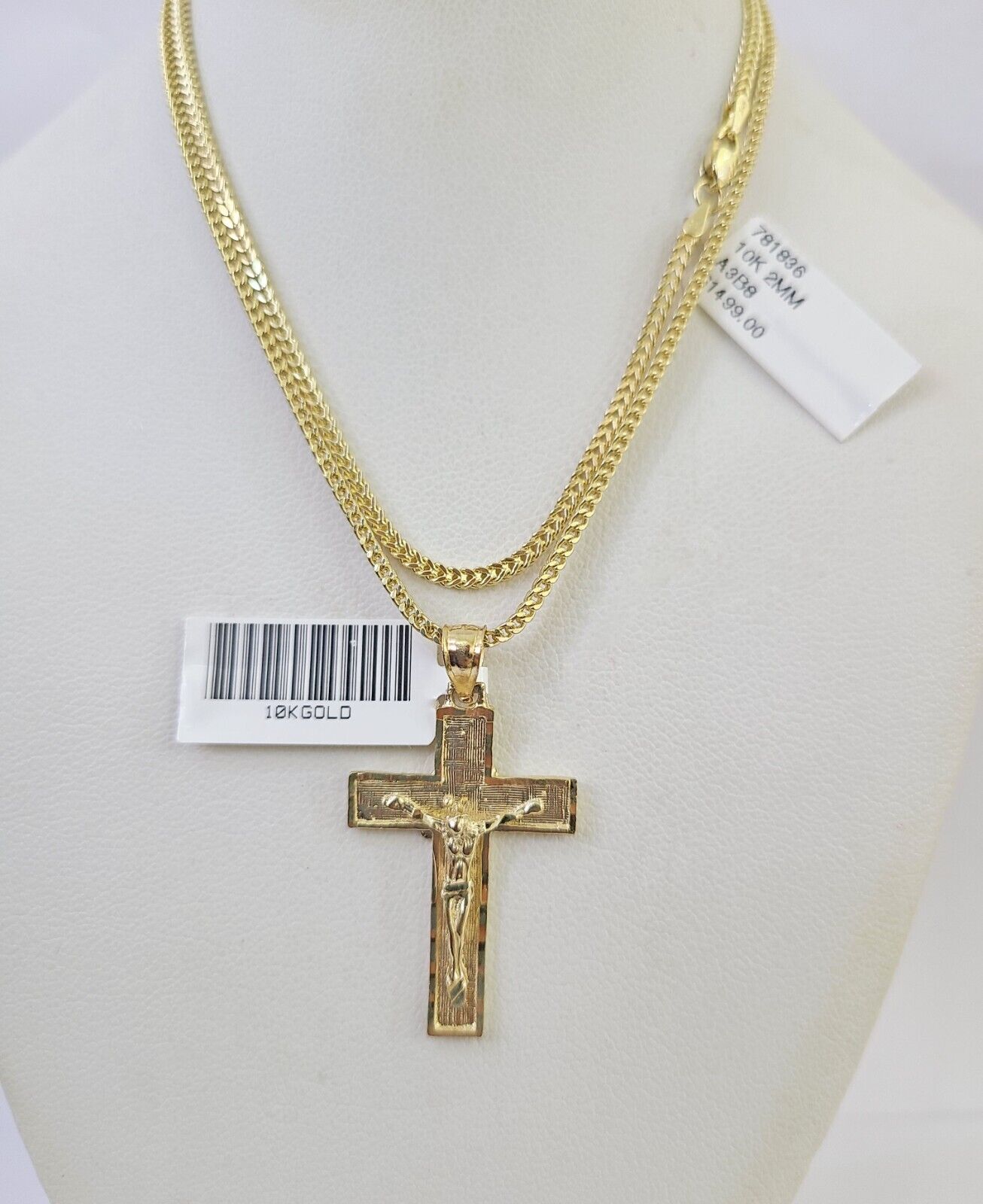 10K Franco Chain Jesus Cross Pendant Charm Necklace 16"-24" 2mm Gold SET Yellow