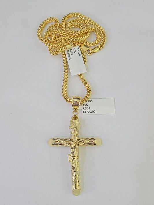 10K Franco Chain INRI Jesus Cross Pendant Charm Necklace 20"-26" 3mm Gold