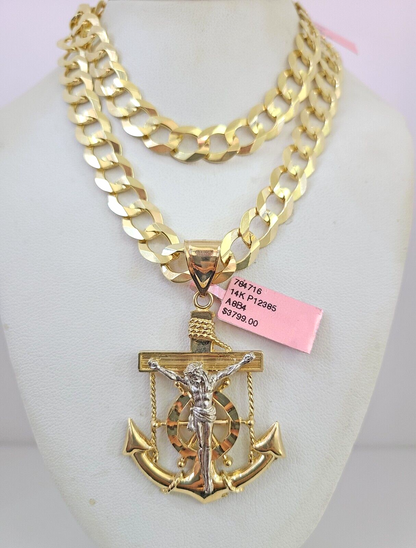 14k Gold Chain Jesus Anchor Charm Solid Cuban Curb 10mm 20"-30" SET Necklace