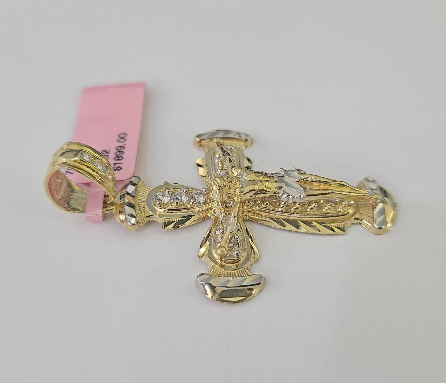 14k Jesus Christ CZ Cross Charm Pendant Yellow Gold REAL Genuine Diamond Cuts