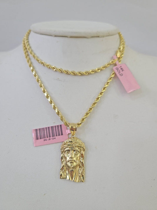 Real 14k Rope Chain Jesus Head Charm Set Yellow Gold 3mm 18-30" Necklace Pendant