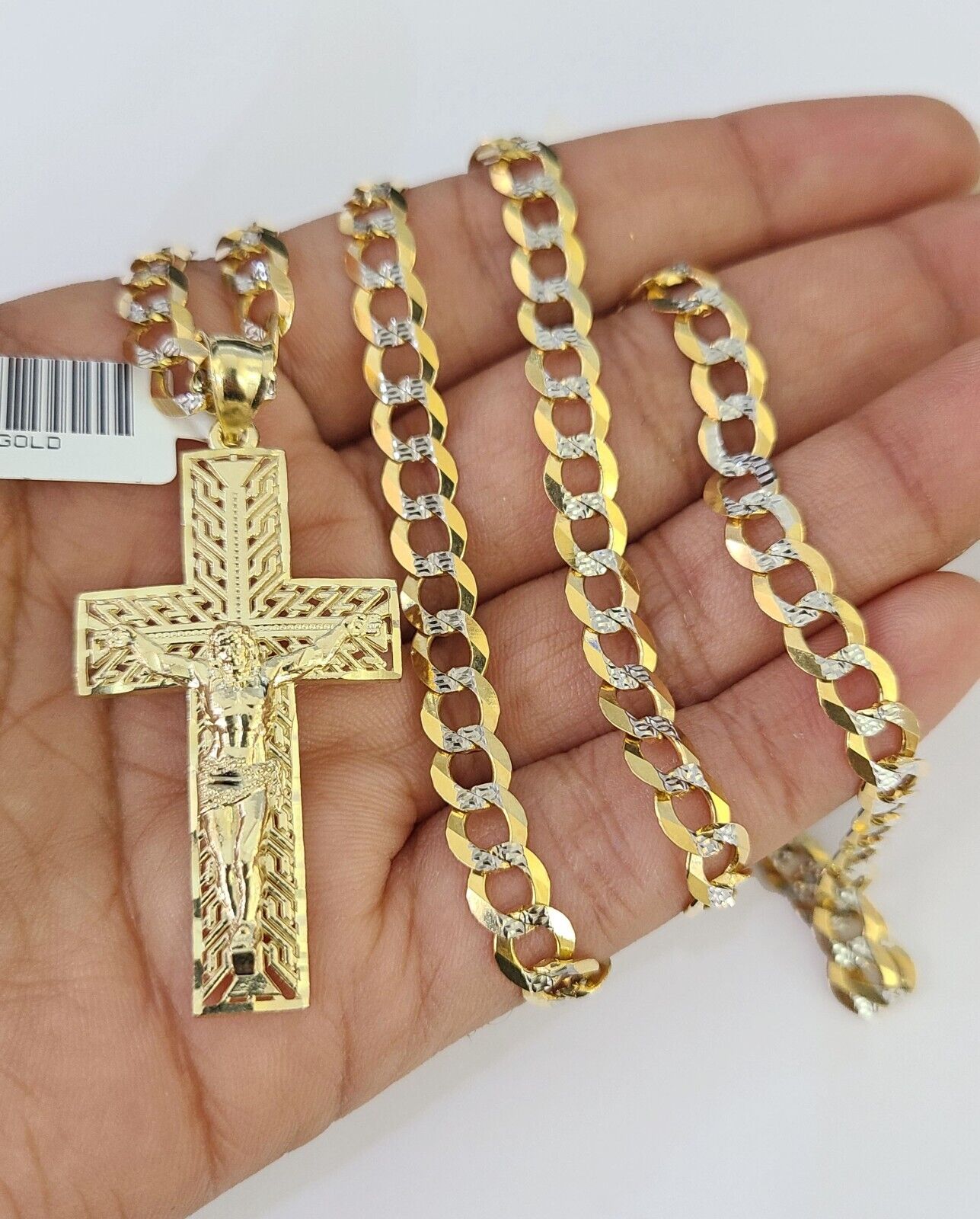 10k Solid Gold Cuban Curb Chain Jesus Cross Pendant 6mm 20"-30" SET Necklace