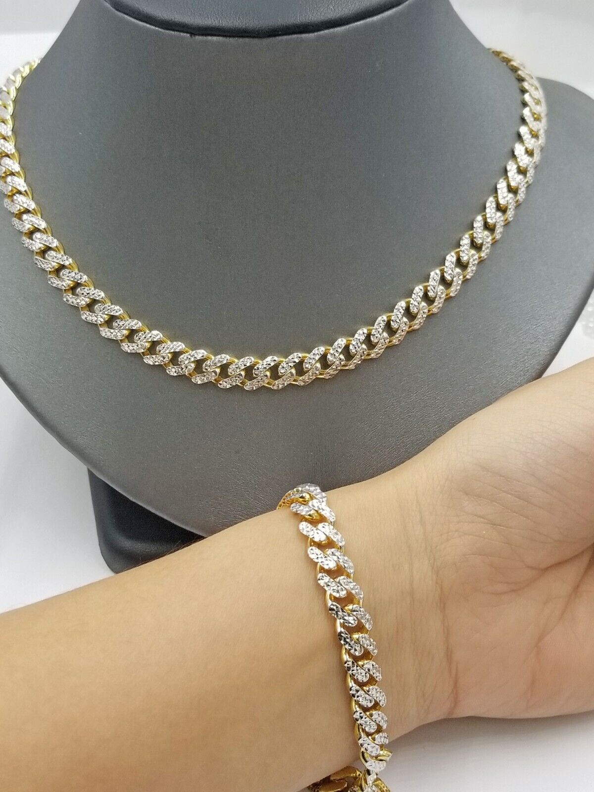 Real 10k Gold Cuban Link Royal 7mm Monaco chain 20"  Bracelet 8' Set Diamond Cut