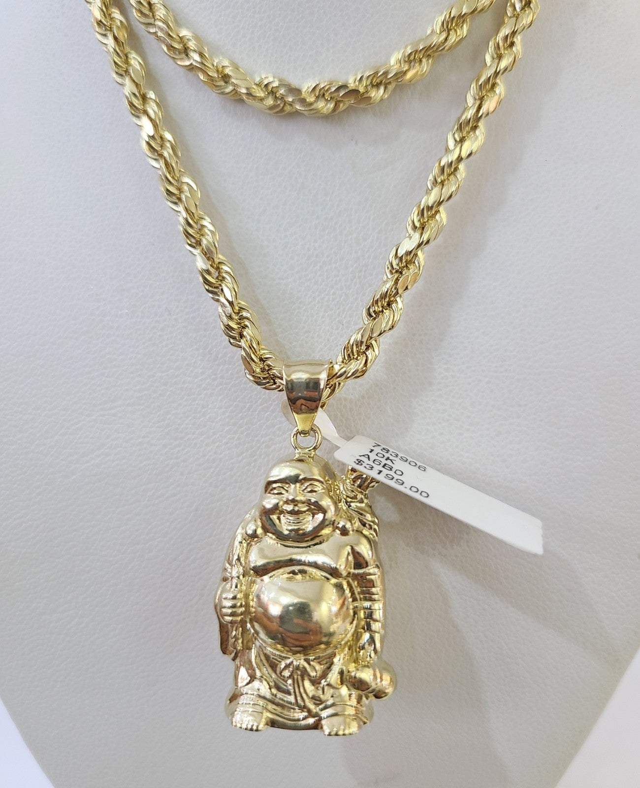 Real 10k Gold Rope Chain Necklace Laughing Buddha Pendant Charm Set 4mm 20"-30"