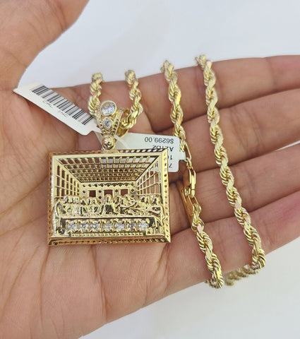 10k Solid Rope Chain Last Supper Charm Set 4mm 18"-30" Necklace Gold Pendant