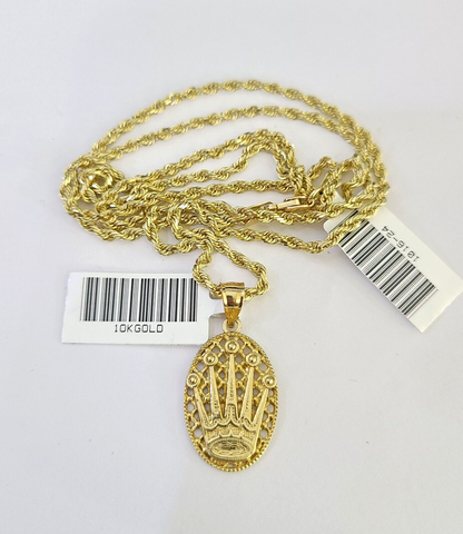 10k Solid Rope Chain Crown Pendant Charm Necklace 18-24" SET 2mm