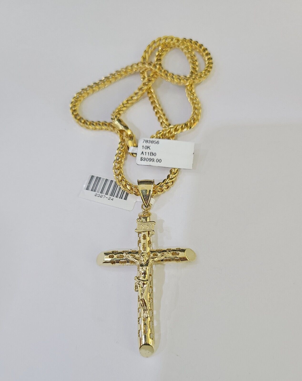 10K Gold Franco Chain INRI Cross Charm Length 18-26 inches 3mm REAL Yellow