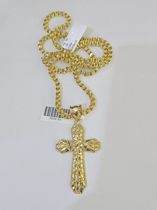 10k Gold Byzantine Necklace Jesus Cross Charm 18-26 inches 3mm SET Chain