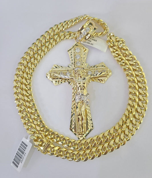 10K Miami Cuban Link Chain Jesus Cross Pendent Charm 8mm 20"-30" Necklace Gold