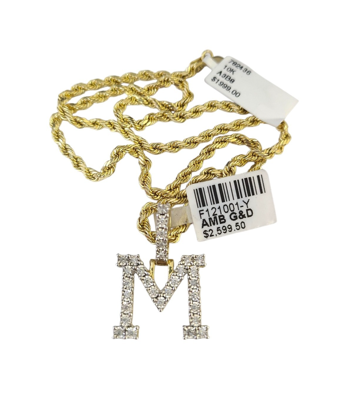 10k Rope Chain M Diamond Initial Charm Necklace Pendant Set 2mm 18"-24" Gold