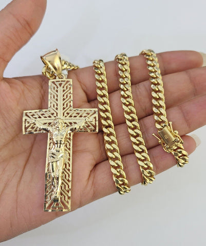 10K Miami Cuban Link Chain Jesus Cross Pendent Charm 6mm 20"-30" Necklace