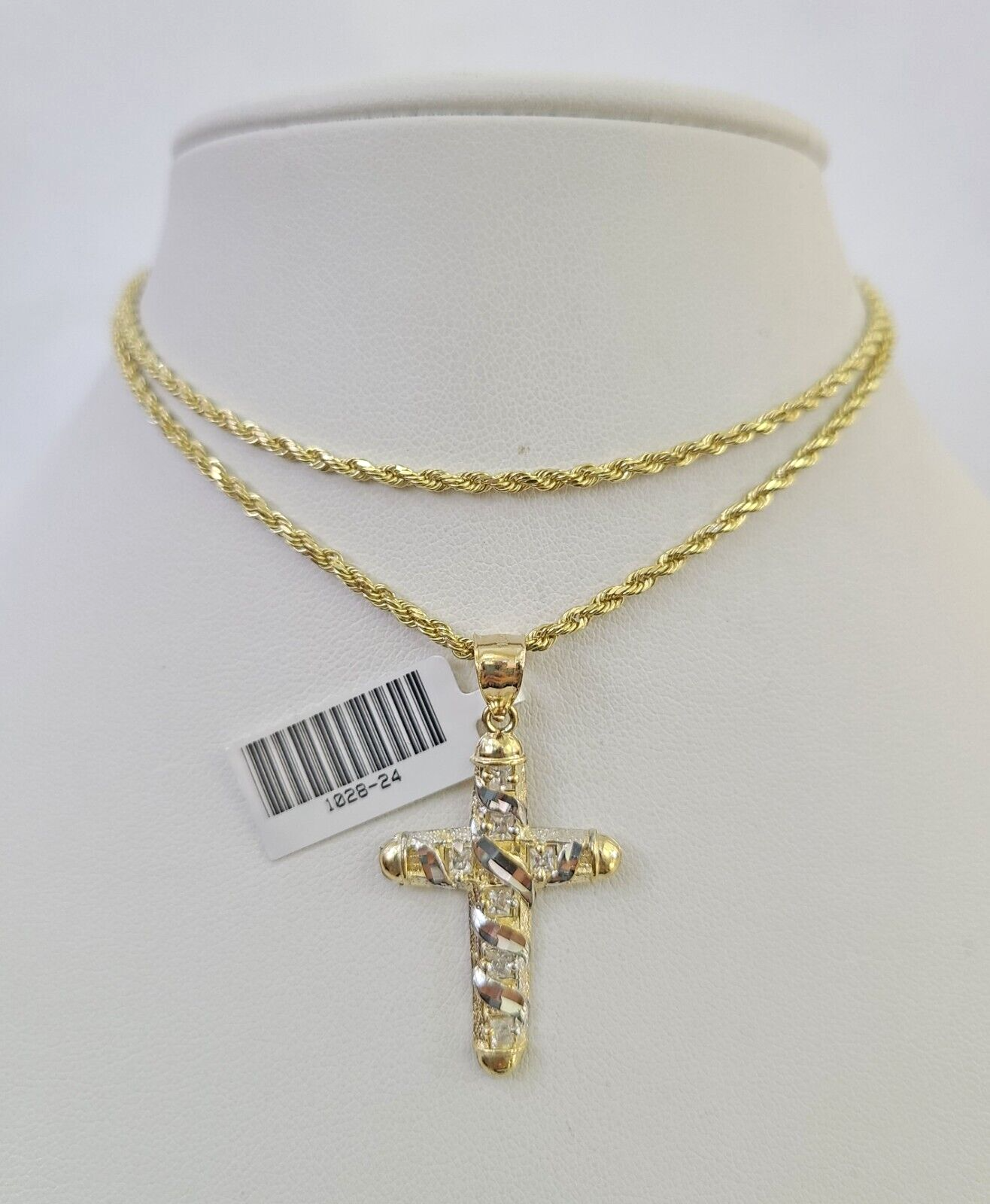 10k Solid Rope Chain 2mm Necklace Jesus Cross Pendant Charm SET 18-24 in