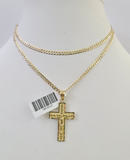 10k Solid Gold Cuban Curb Chain Jesus Cross Pendant 2mm 18"-24" SET Necklace