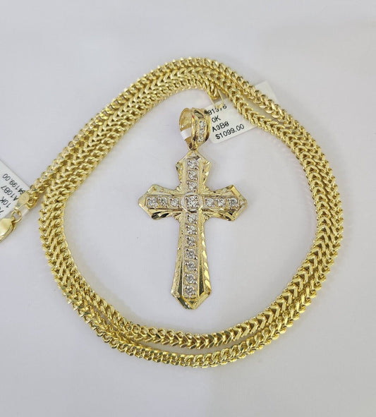 10K Franco Chain Jesus Cross Pendant Charm Necklace 20"-26" 3mm Gold Yellow SET