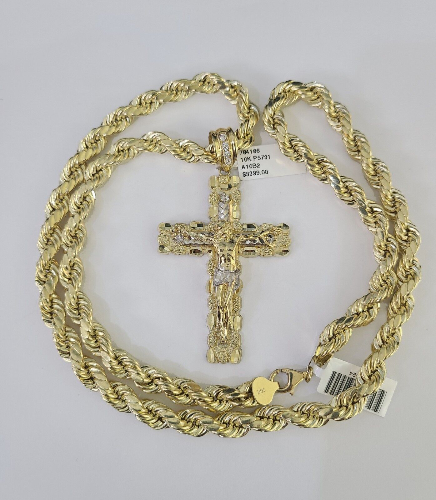 Real 10k Rope Chain Jesus Cross Charm Set 8mm 20"-30" Inch Necklace Yellow Gold