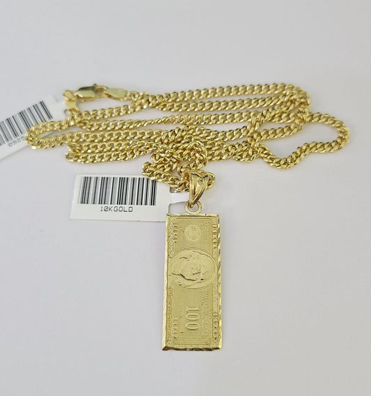 10K Gold Miami Cuban Chain 100 Dollar Bill 18"-28" 3mm REAL Pendant Necklace SET