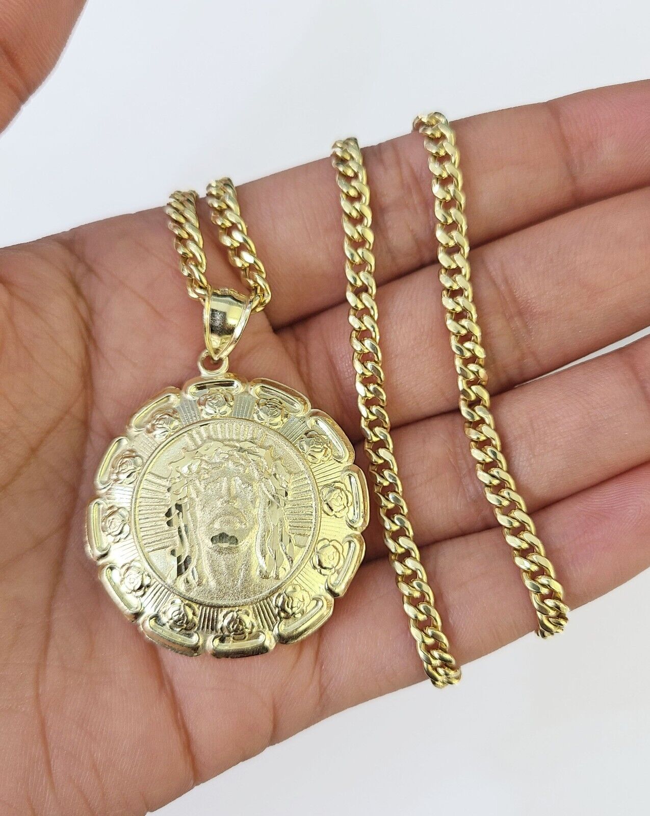 10k Cuban Chain Jesus Virgin Mary Charm Two-Sided Set 4mm 18"-28" Necklace Gold