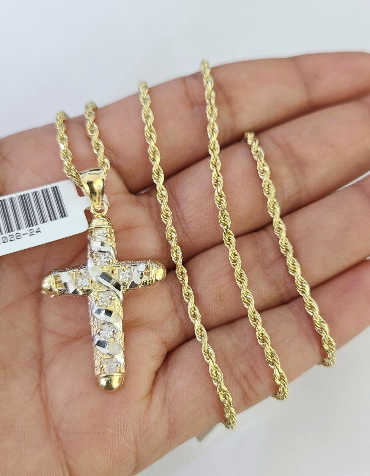 10k Solid Rope Chain 2mm Necklace Jesus Cross Pendant Charm SET 18-24 in