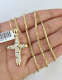 10k Solid Rope Chain 2mm Necklace Jesus Cross Pendant Charm SET 18-24 in