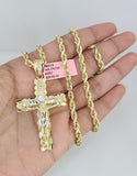 Real 14k Solid Rope Chain Nugget Cross Charm Gold Set 4mm 18"-30" Necklace