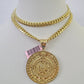 Real 14k Solid Chain Mayan Calendar Charm Set Miami Cuban 6mm Necklace Gold