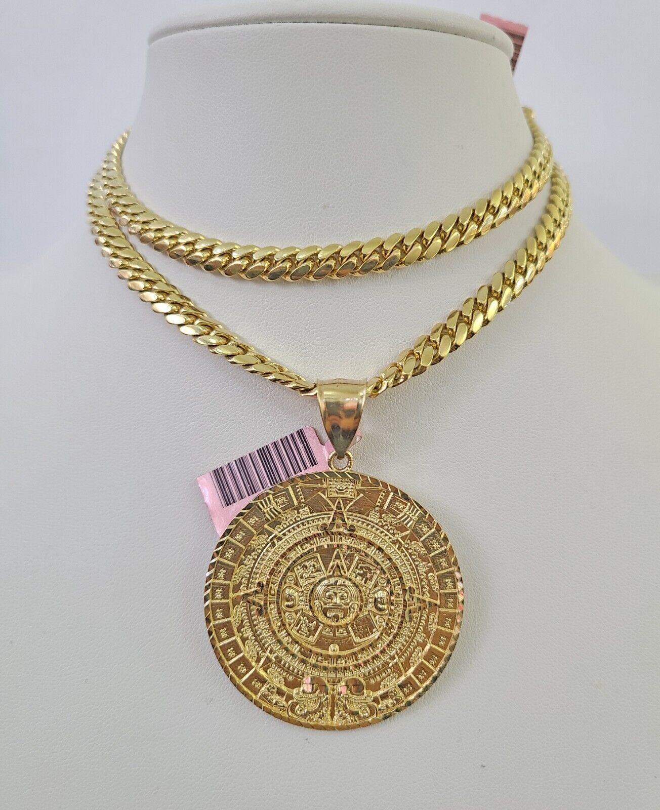 Real 14k Solid Chain Mayan Calendar Charm Set Miami Cuban 6mm Necklace Gold