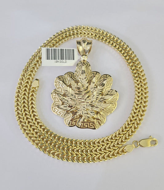 10K Franco Chain Weed Leaf Pendant Charm Necklace 20"-28" 4mm Gold SET Yellow