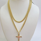 10k Gold Chain Miami Cuban Jesus Cross Charm Pendant Set 4mm 18"28" Necklace