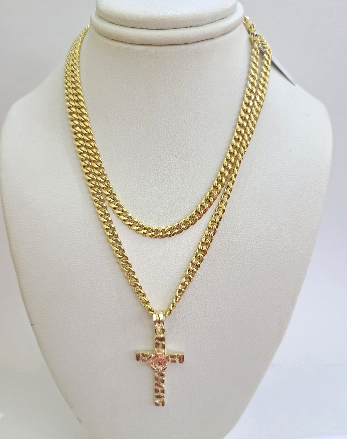 10k Gold Chain Miami Cuban Jesus Cross Charm Pendant Set 4mm 18"28" Necklace